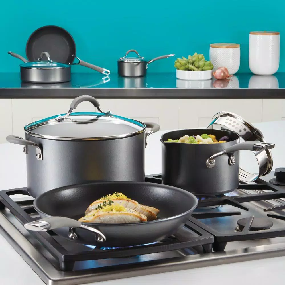 Cookware Circulon Elementum 10 Qt. Hard-Anodized Aluminum Nonstick Stock Pot In Oyster Gray With Glass Lid 7 Cookware Circulon Elementum 10 Qt. Hard-Anodized Aluminum Nonstick Stock Pot In Oyster Gray With Glass Lid - Image 5
