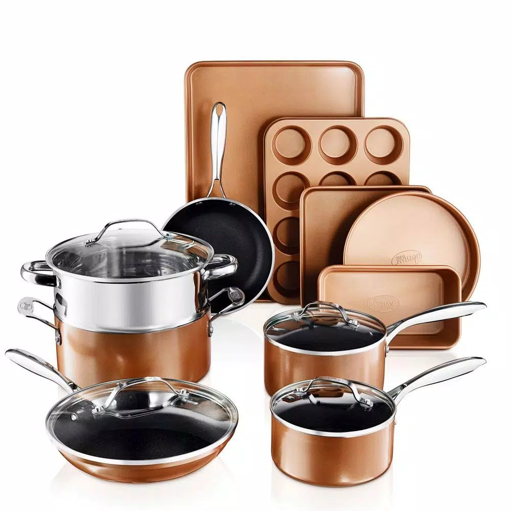 Gotham Steel 15- Piece Aluminum Non-Stick Copper Cast Textured Surface Cookware Set 3 Gotham Steel 15- Piece Aluminum Non-Stick Copper Cast Textured Surface Cookware Set