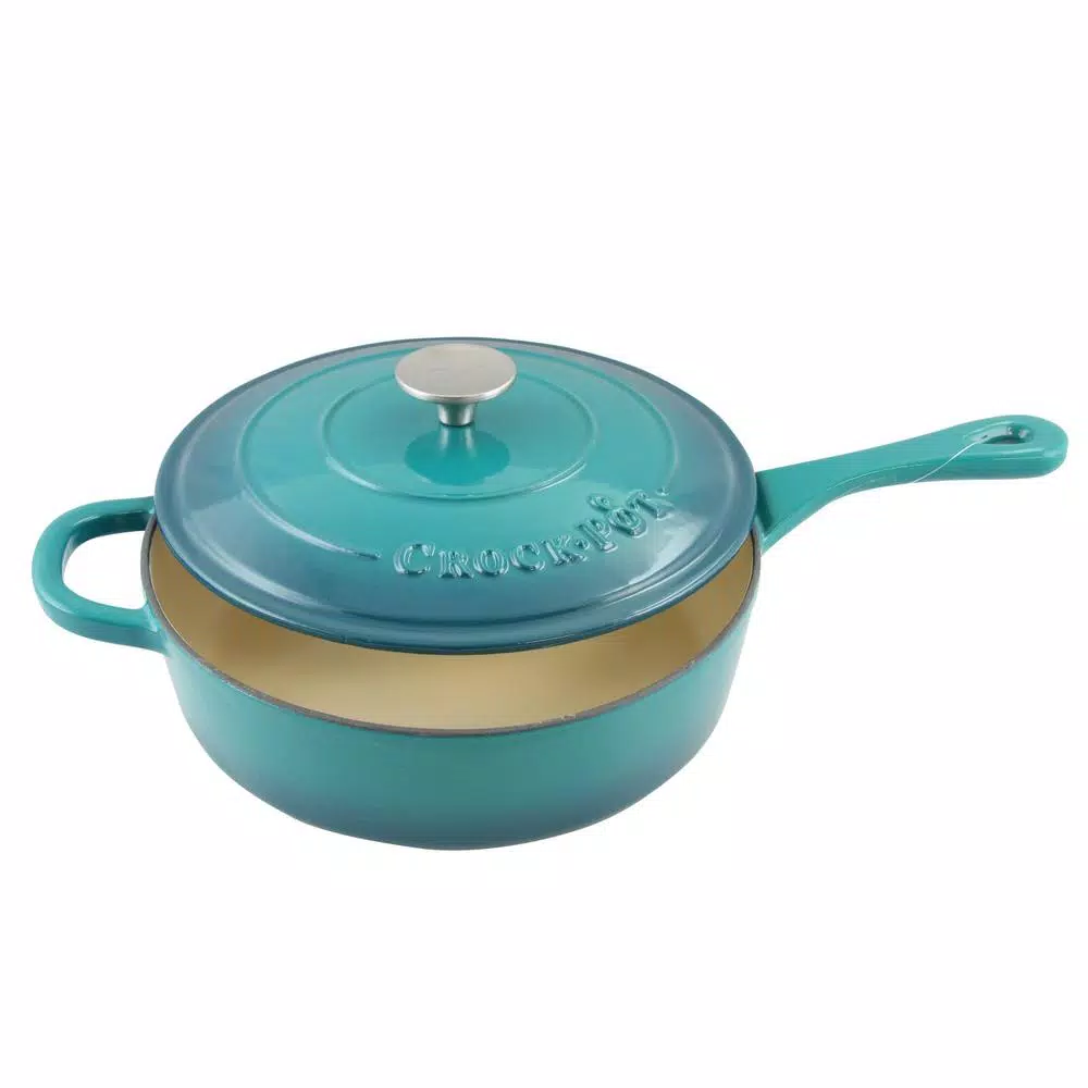 Cookware Crock-Pot Artisan 3.5 Qt. Cast Iron Nonstick Saute Pan In Teal Ombre With Lid 4 Cookware Crock-Pot Artisan 3.5 Qt. Cast Iron Nonstick Saute Pan In Teal Ombre With Lid - Image 2