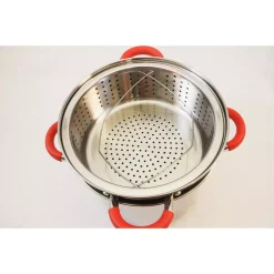 Cookware ExcelSteel 12 Qt. Stainless Steel Multi-Cooker Pasta Pot With Lid And Red Silicone Handles -Weston Shop excelsteel stock pots 526 1f 1000