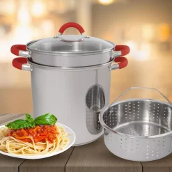 Cookware ExcelSteel 12 Qt. Stainless Steel Multi-Cooker Pasta Pot With Lid And Red Silicone Handles -Weston Shop excelsteel stock pots 526 31 1000