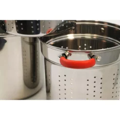 Cookware ExcelSteel 12 Qt. Stainless Steel Multi-Cooker Pasta Pot With Lid And Red Silicone Handles -Weston Shop excelsteel stock pots 526 44 1000