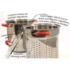 Cookware ExcelSteel 12 Qt. Stainless Steel Multi-Cooker Pasta Pot With Lid And Red Silicone Handles -Weston Shop excelsteel stock pots 526 76 1000
