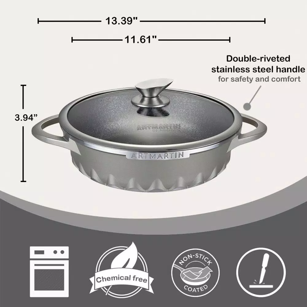 Bakeware AMERCOOK 11 In. Artmartin Sauce Pan And Glass Lid Non-Stick Ceramic Coated Pot, Induction Bottom - Image 2