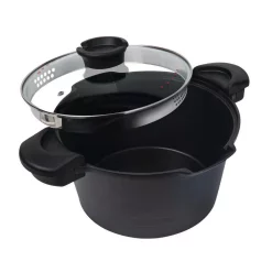 Cookware MasterPan Innovative Series 5 Qt. Cast Aluminum Non-Stick Stock N Pasta Pot In Black With Easy Pour Strainer And Glass Lid -Weston Shop masterpan stock pots mp 105 4f 1000