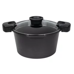 Cookware MasterPan Innovative Series 5 Qt. Cast Aluminum Non-Stick Stock N Pasta Pot In Black With Easy Pour Strainer And Glass Lid