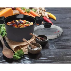 Cookware MasterPan Innovative Series 5 Qt. Cast Aluminum Non-Stick Stock N Pasta Pot In Black With Easy Pour Strainer And Glass Lid -Weston Shop masterpan stock pots mp 105 fa 1000