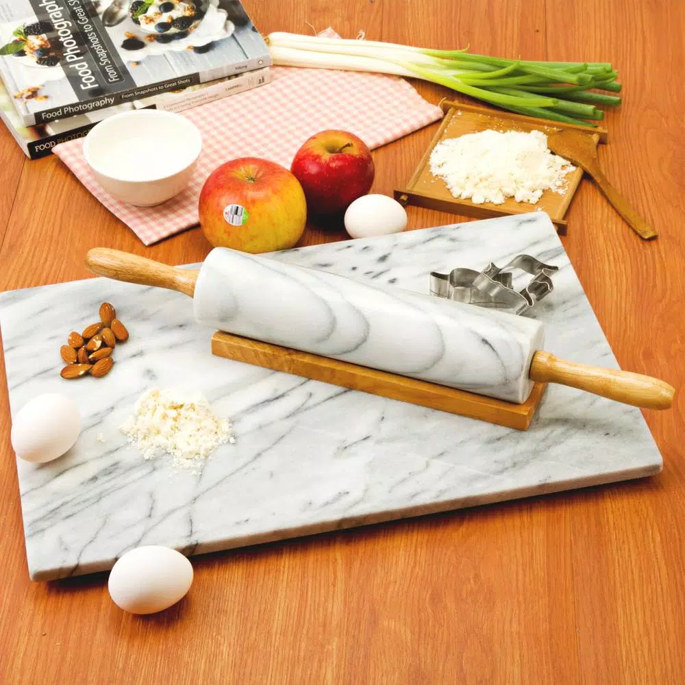 Bakeware Creative Home Natural Marble 2-1/4 In. Dia X18 In. Length Rolling Pin Pastry Roller With Wooden Handle And Cradle 8 Bakeware Creative Home Natural Marble 2-1/4 In. Dia X18 In. Length Rolling Pin Pastry Roller With Wooden Handle And Cradle - Image 6