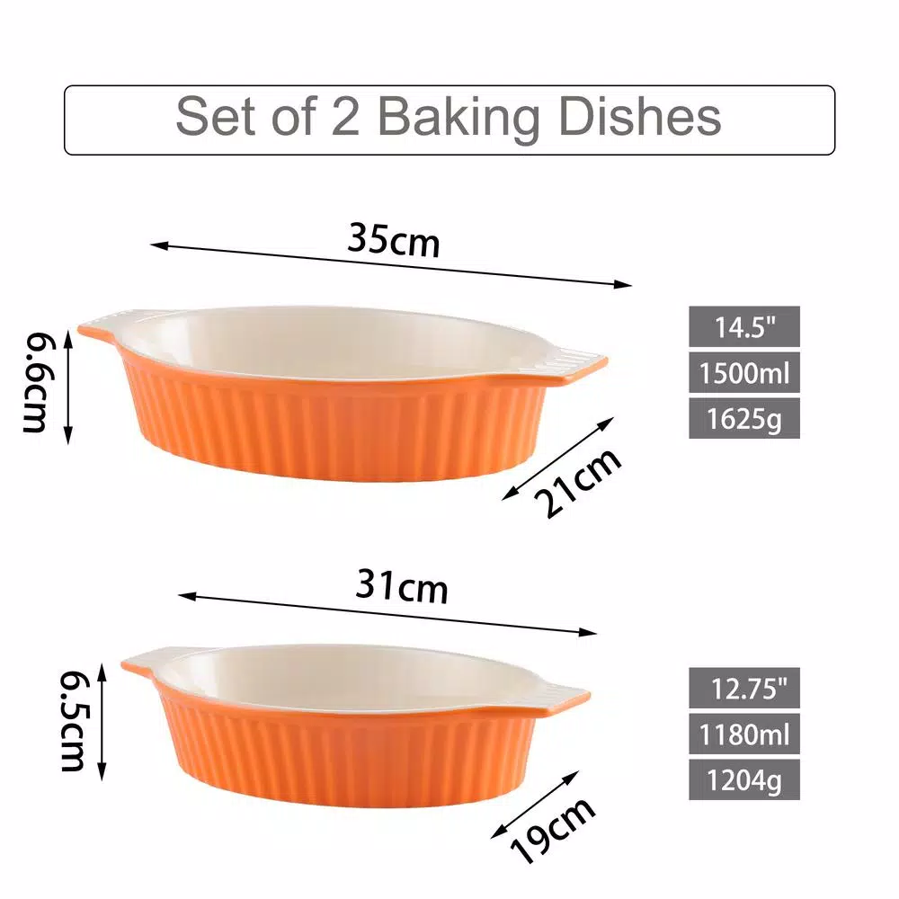 MALACASA 2-Piece Orange Oval Porcelain Bakeware Set 12.75 In. And 14.5 In. Baking Pans - Image 4