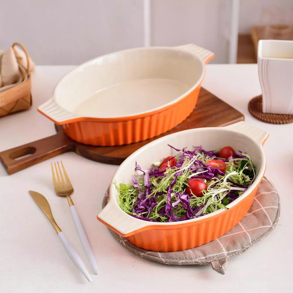 MALACASA 2-Piece Orange Oval Porcelain Bakeware Set 12.75 In. And 14.5 In. Baking Pans - Image 8