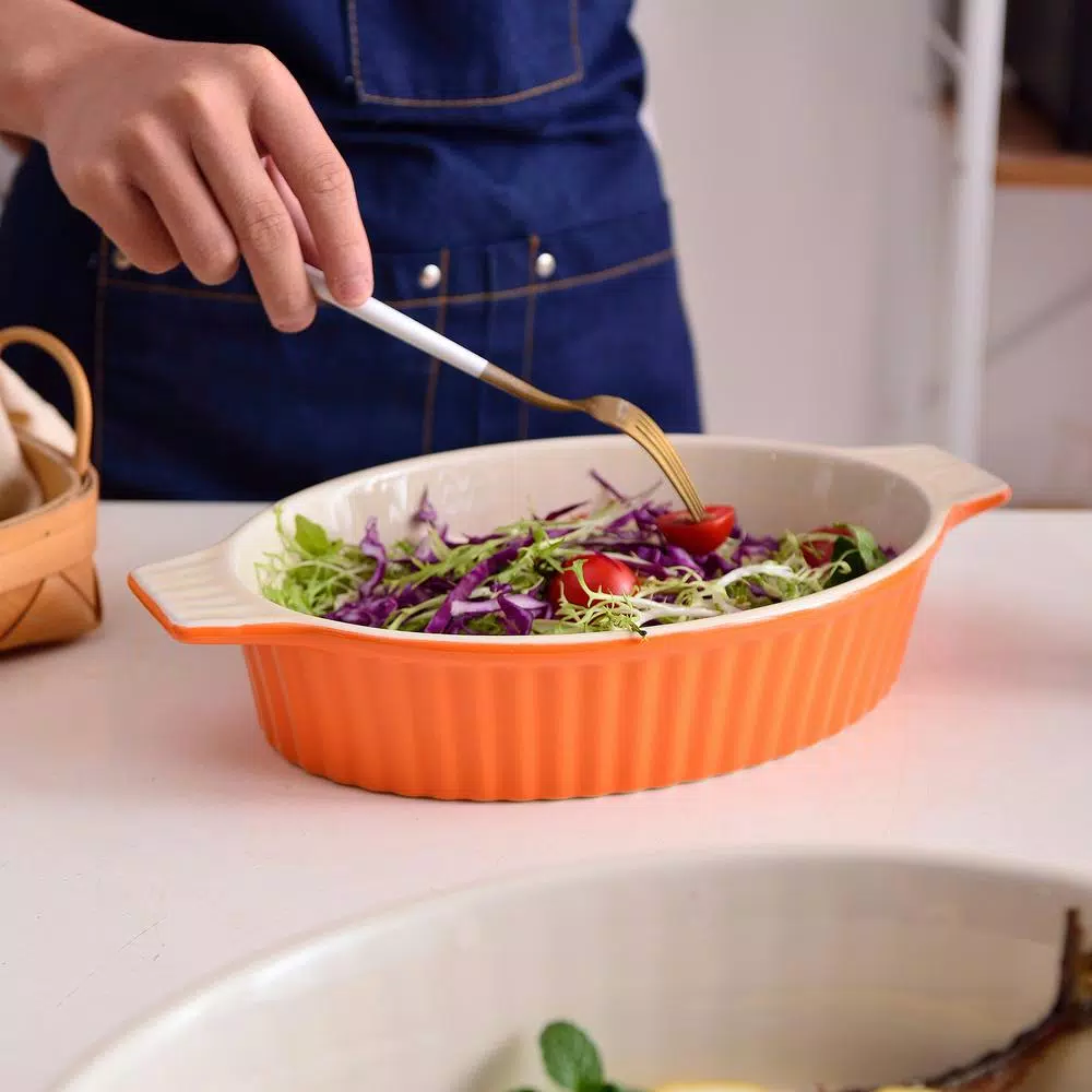 MALACASA 2-Piece Orange Oval Porcelain Bakeware Set 12.75 In. And 14.5 In. Baking Pans - Image 5