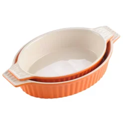 MALACASA 2-Piece Orange Oval Porcelain Bakeware Set 12.75 In. And 14.5 In. Baking Pans