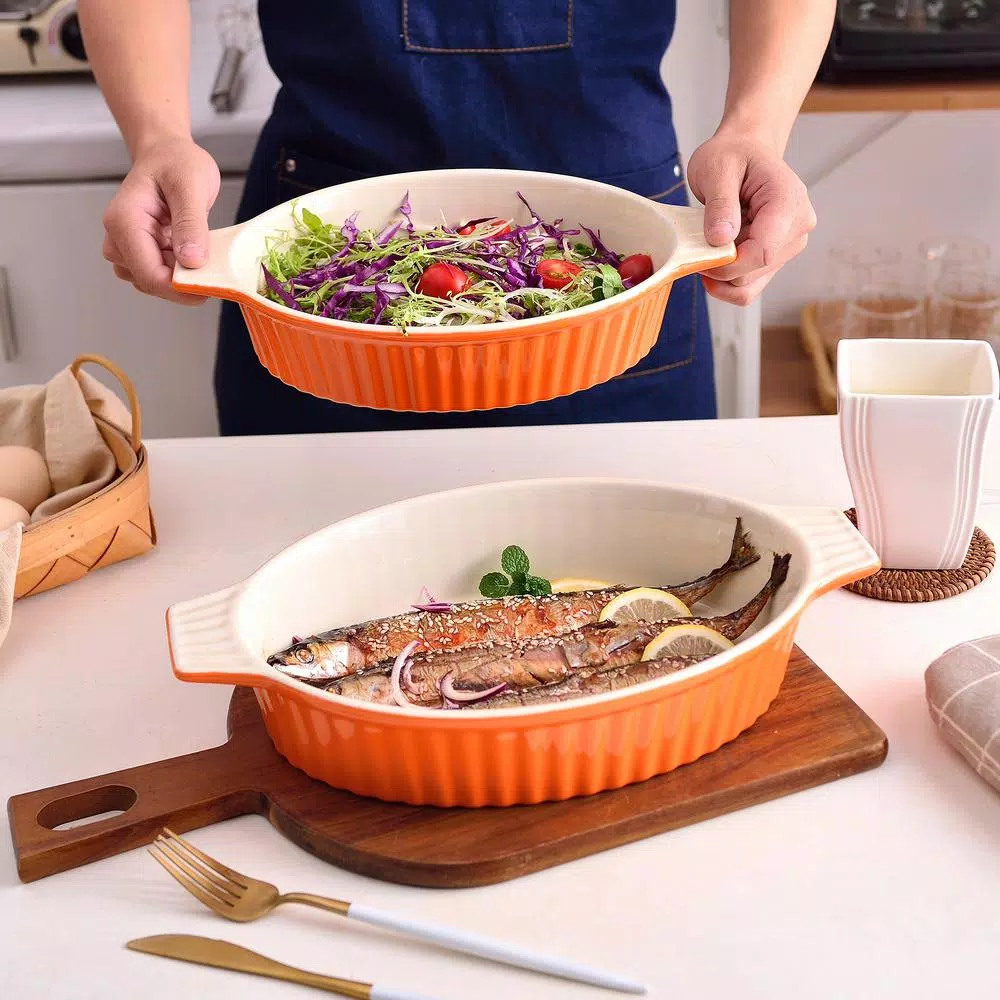 MALACASA 2-Piece Orange Oval Porcelain Bakeware Set 12.75 In. And 14.5 In. Baking Pans - Image 2