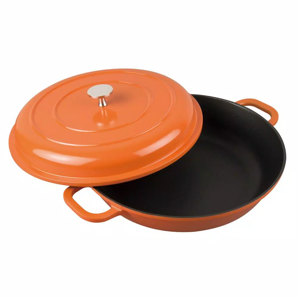 Cookware MasterPan Enamel 3 Qt. Round Cast Aluminum Nonstick Casserole Dish In Orange With Lid 3 Cookware MasterPan Enamel 3 Qt. Round Cast Aluminum Nonstick Casserole Dish In Orange With Lid