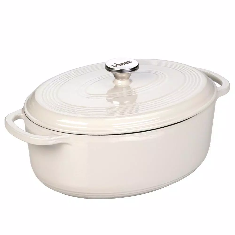 Cookware Lodge Enamelware 7 Qt. Oval Cast Iron Dutch Oven In Oyster White With Lid 3 Cookware Lodge Enamelware 7 Qt. Oval Cast Iron Dutch Oven In Oyster White With Lid