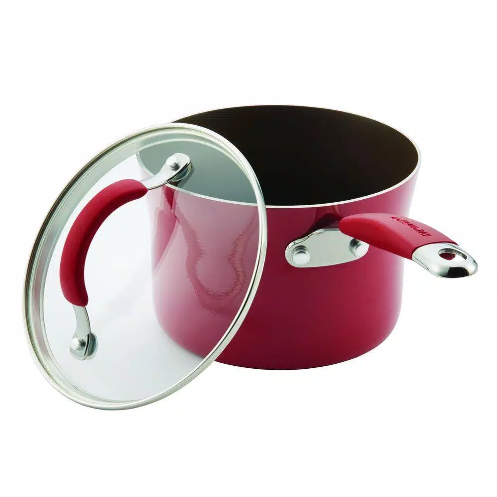 Cookware Rachael Ray Cucina 2 Qt. Aluminum Nonstick Sauce Pan In Cranberry Red With Glass Lid 4 Cookware Rachael Ray Cucina 2 Qt. Aluminum Nonstick Sauce Pan In Cranberry Red With Glass Lid - Image 2