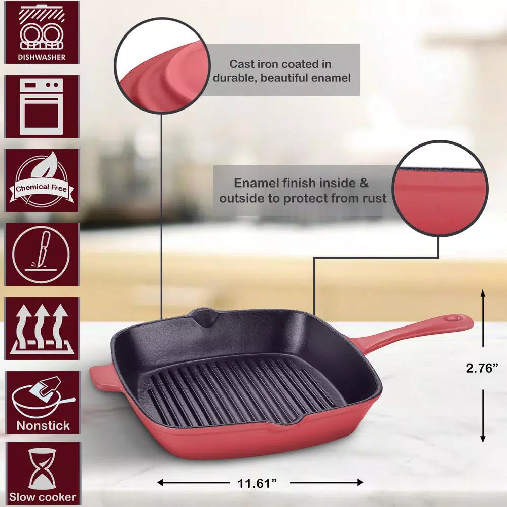 Cookware AMERCOOK LA PLURIEL 10 In. Cast Iron Nonstick Grill Pan In Red 4 Cookware AMERCOOK LA PLURIEL 10 In. Cast Iron Nonstick Grill Pan In Red - Image 2