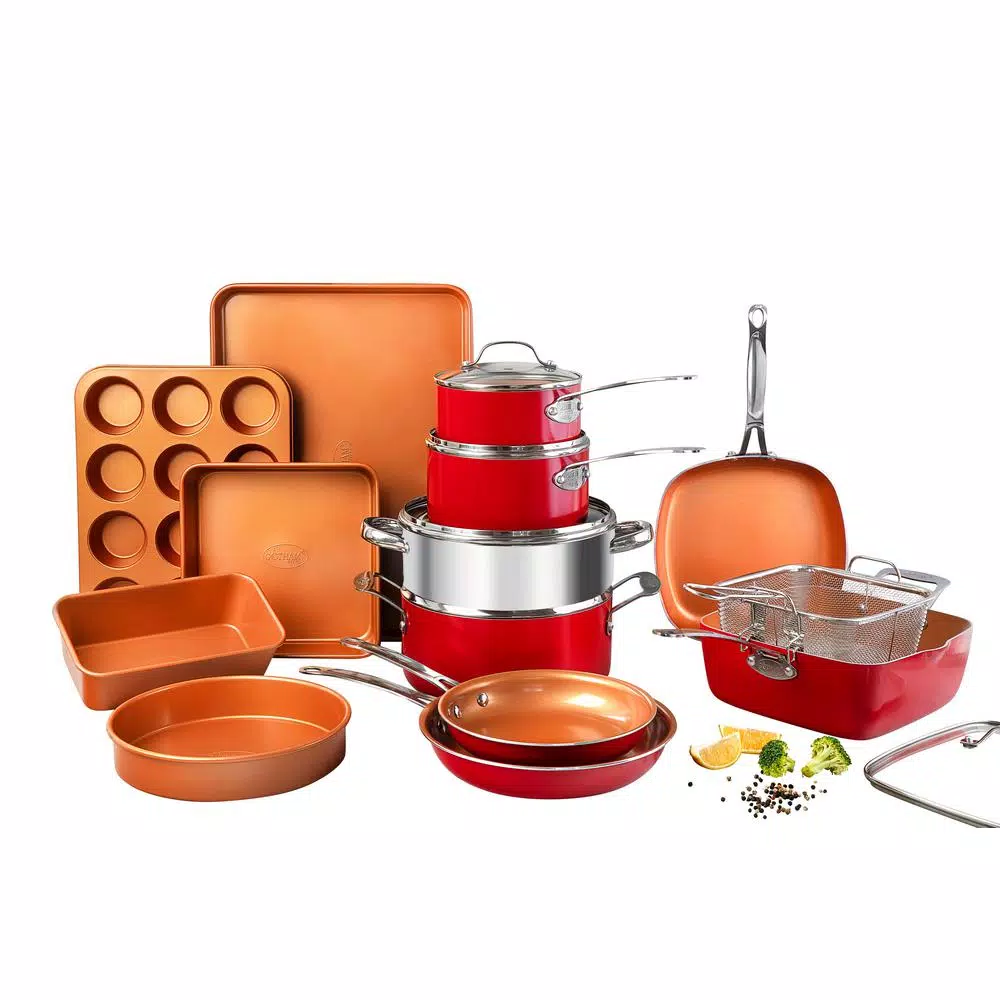 Gotham Steel 20-Piece Aluminum Ti-Ceramic Nonstick Cookware And Bakeware Set In Red 3 Gotham Steel 20-Piece Aluminum Ti-Ceramic Nonstick Cookware And Bakeware Set In Red