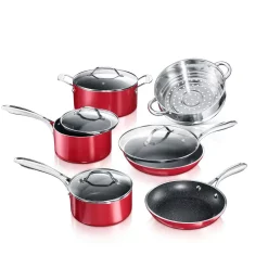 GRANITESTONE 10-Piece Aluminum Red Ultra-Durable Non-Stick Diamond Infused Cookware Set With Glass Lids