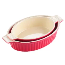 MALACASA 2-Piece Red Oval Porcelain Bakeware Set 9.5 In. And 11.25 In. Baking Dish Pans