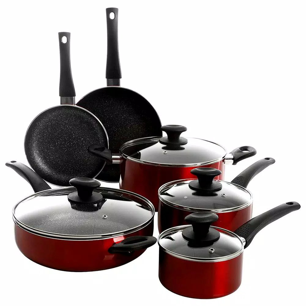 Oster Merrion 10-Piece Aluminum Nonstick Cookware Set In Red 3 Oster Merrion 10-Piece Aluminum Nonstick Cookware Set In Red