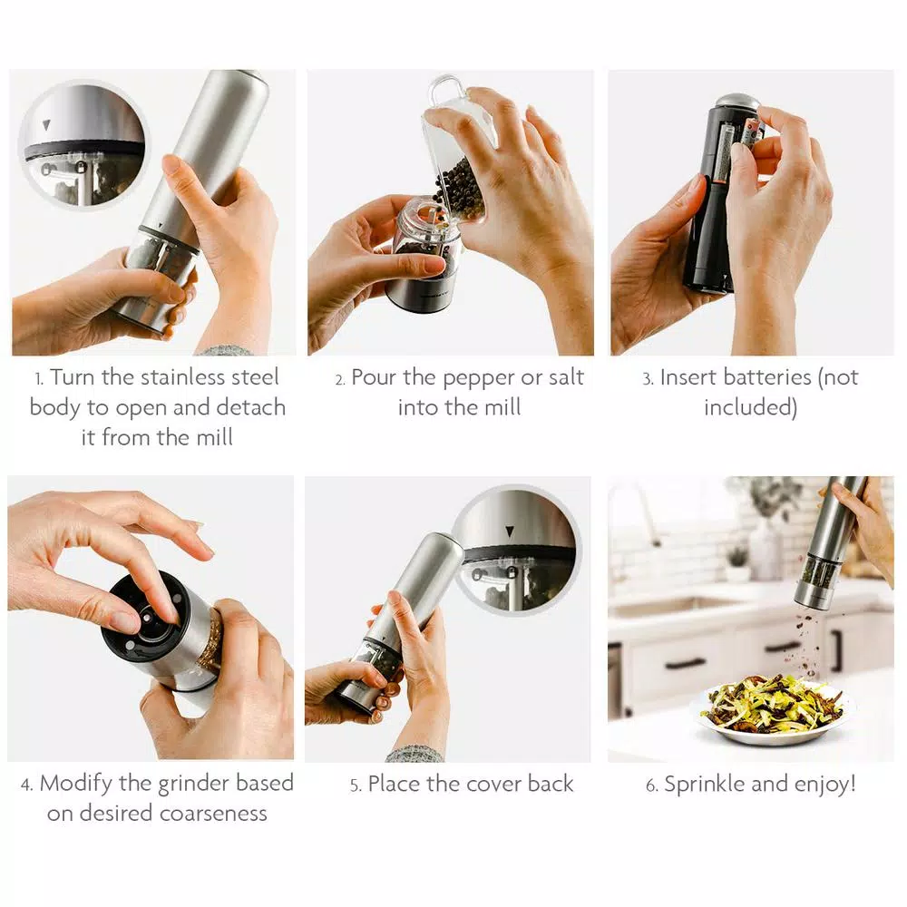 Kitchen Gadgets & Tools Ovente Stainless Steel With Ceramic Blades Electric Salt And Pepper Grinder Set, 6 AAA Battery Operated 4 Kitchen Gadgets & Tools Ovente Stainless Steel With Ceramic Blades Electric Salt And Pepper Grinder Set, 6 AAA Battery Operated - Image 2